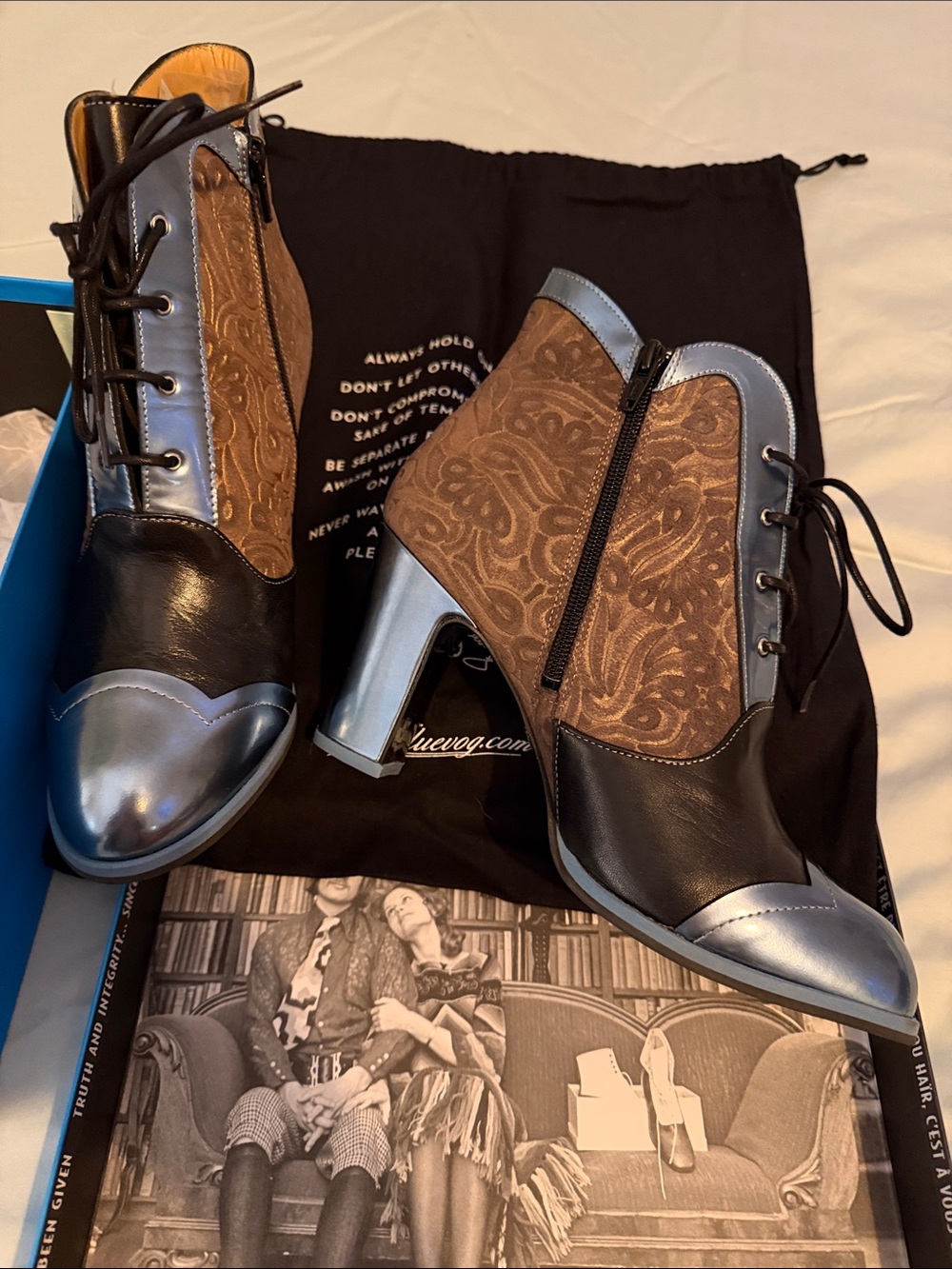 John Fluevog Carmen, Lace-Up Ankle Boots in Black, Brown leather and Blue